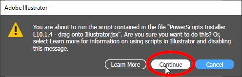 Illustrator asking to run the script, Continue highlighted