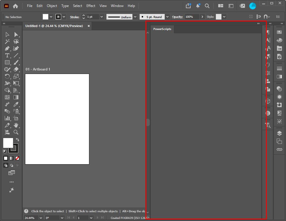 An empty PowerScripts panel docked in Illustrator, outlined in red