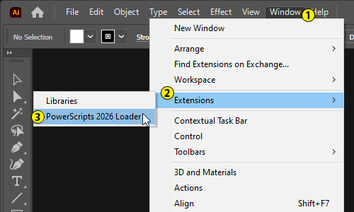 Window menu, Extensions, PowerScripts 2026 Loader
